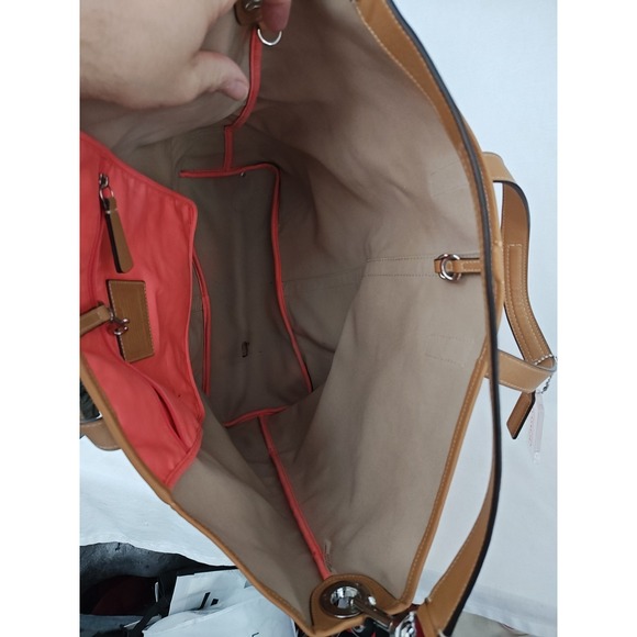 Coach Hadley Variegated Coral & Beige Striped Canvas Leather Tote Bag F30302 - Picture 9 of 16